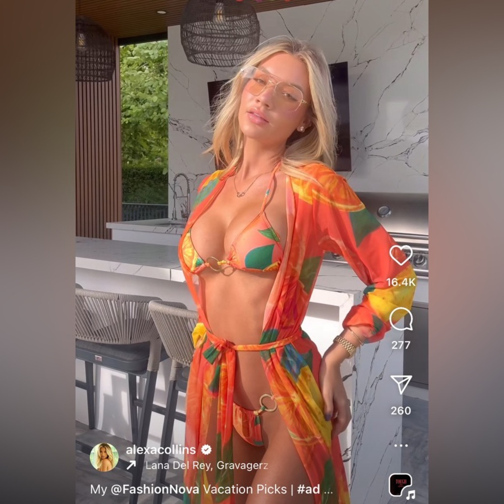 Fashion Nova Orange Tropical Print Bikini Set with Sheer Cover-Up
